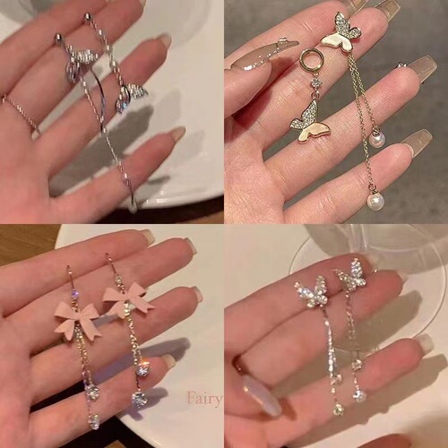 S925 silver needle micro-set exquisite asymmetrical fishtail earrings high-end design long tassel butterfly earrings stud earrings
