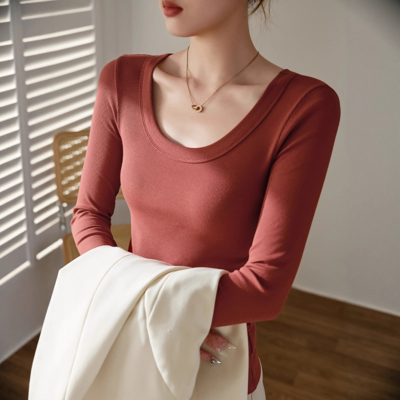 优棉螺纹长袖T恤女2025秋冬新款气质修身显瘦上衣女士打底衫A6682|undefined