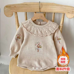New 2025 Baby Autum New Knitted Lotus Leaf Collar Long-Sleeved Baby Girl Sweater Jumpsuit Rompers