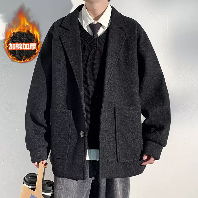 西装领单排扣大衣港风加厚保暖夹克外套男J555J加棉-