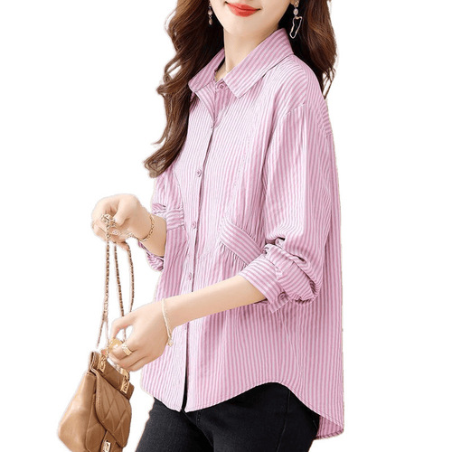 Ladies' Shirt 2025 Spring & Autumn Design-Savvy Niche Top Fashionable and Trendy Belly-Hiding Slimming Striped Blouse