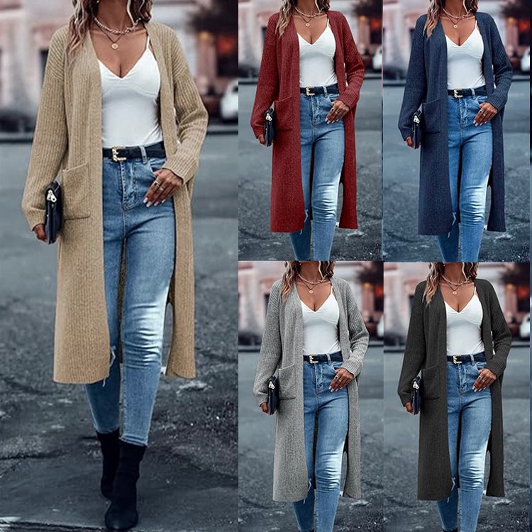 外贸亚马逊秋冬新款开叉针织毛衣欧美宽松大码女式口袋针织衫外套