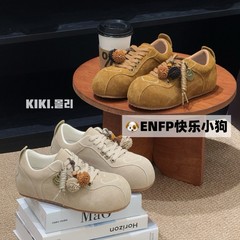 复古毛球装饰内增高系带德训鞋女2025新款法系舒适百搭休闲运动鞋