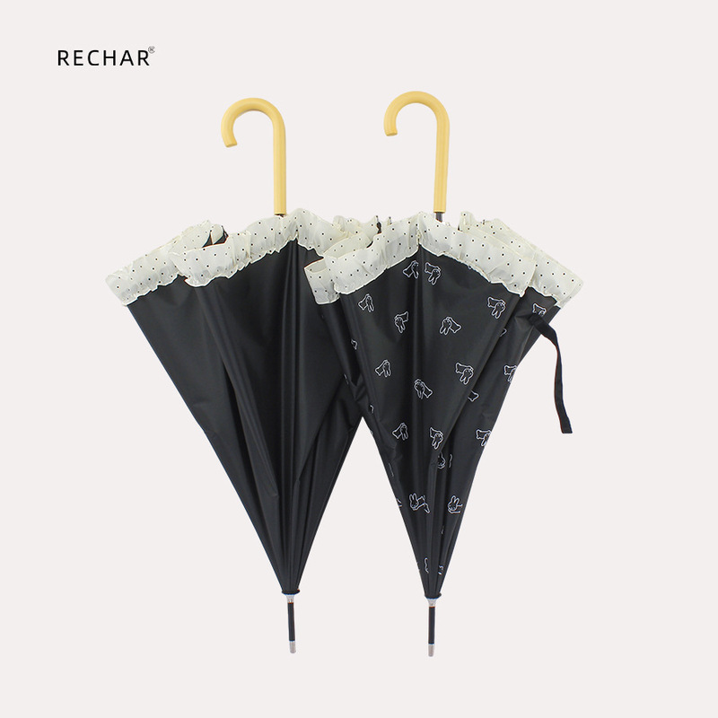 In-Stock Pr1005 Wooden Handle Lace Long Umbrella Straight Handle Black Coating Sun Protection Sunshade Umbrella Foldable Diameter 98cm