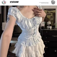 甜辣风方领系带泡泡袖衬衫上衣套装女夏新款蕾丝高腰半身裙两件套