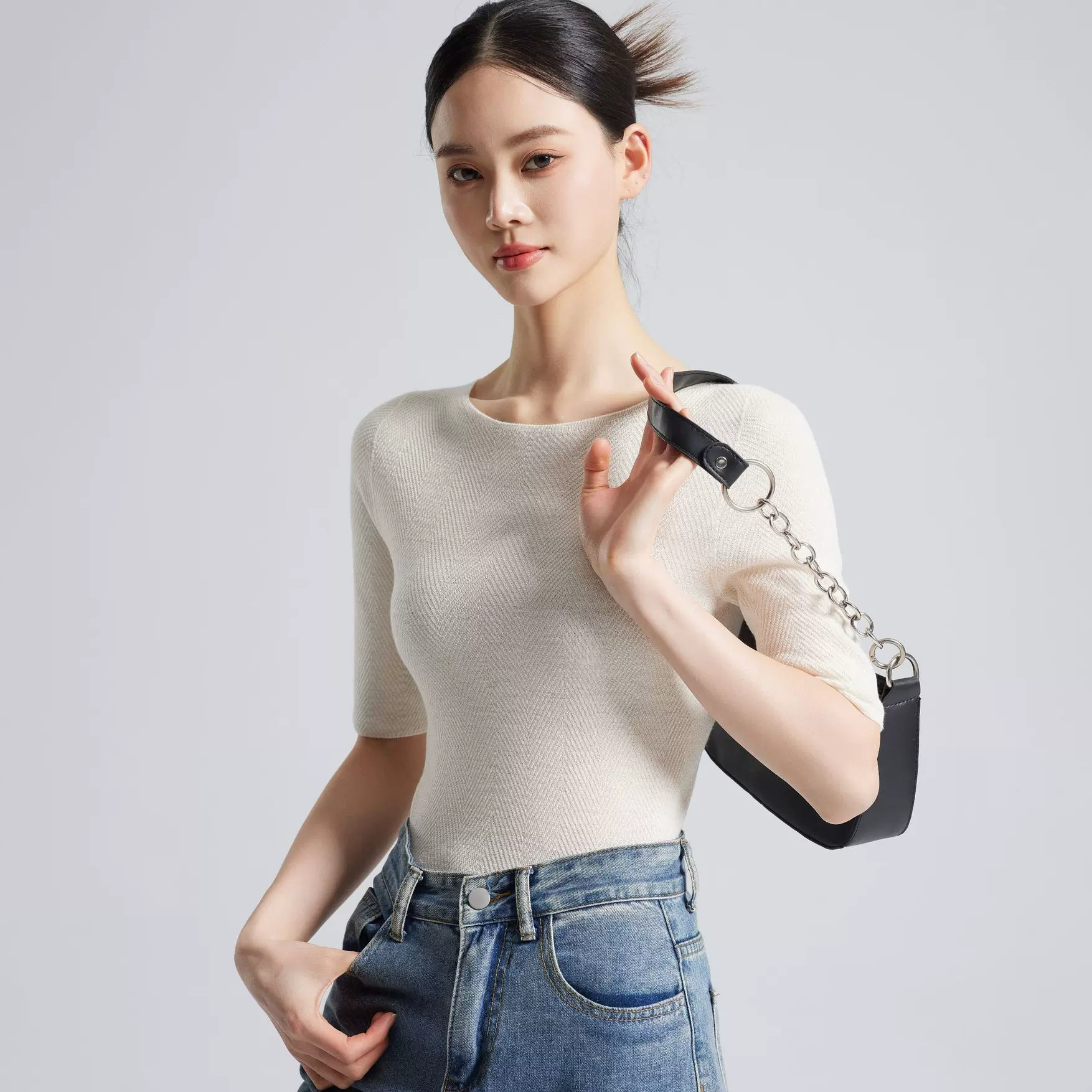 无缝桑蚕丝针织衫女士羊毛中袖T恤鱼骨纹圆领羊绒打底衫上衣女装