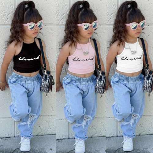 Girls summer suit trendy European and American girls fashion short letter halter vest ripped wide leg pants two piece set
