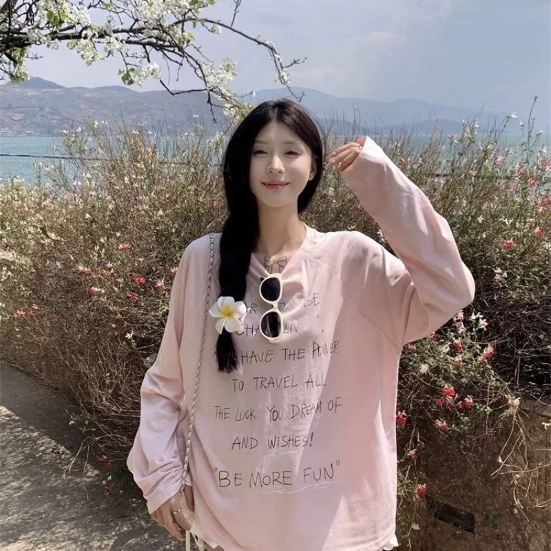 韓国文字プリント新作ルーズミドル丈トップイン薄手微透け日焼け止め長袖Tシャツ2025春夏|undefined