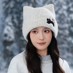 甜美可爱小猫刺绣毛线帽女秋冬季韩系百搭保暖防寒显脸小针织帽潮