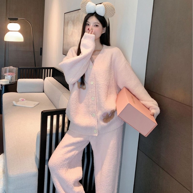 秋冬加厚珊瑚绒睡衣开衫月子服保暖加厚半边绒睡衣减龄少女家居服|undefined