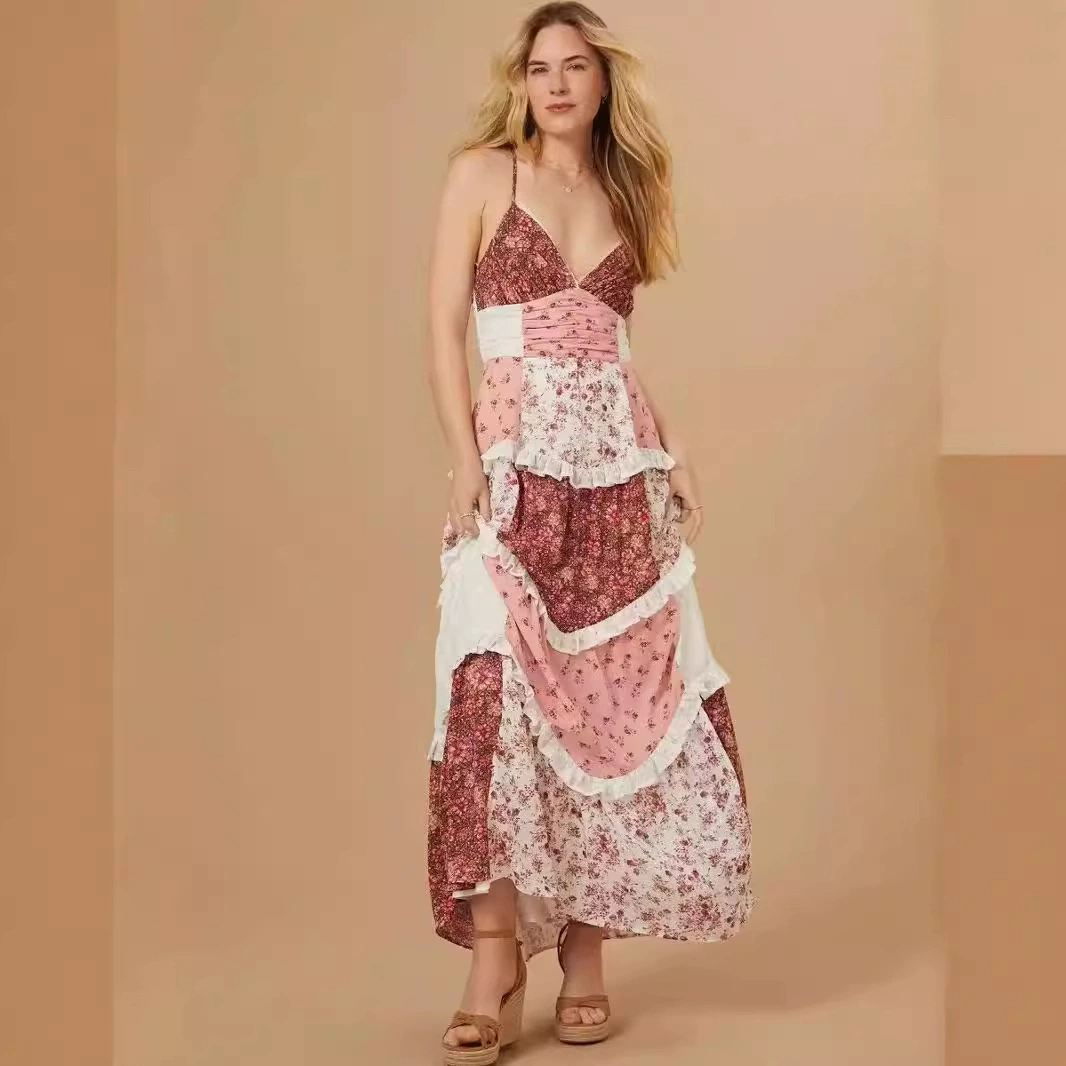 Новые амазонка европейская и американская женская одежда en праздник длинные юбки с полыми и стройными глубокими V листьями лотоса цветочные платья без спинки