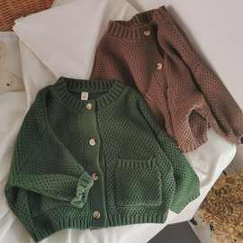 秋季新款宝宝外套菠萝纹韩版针织开衫男女孩个性潮毛衣上衣潮绿色
