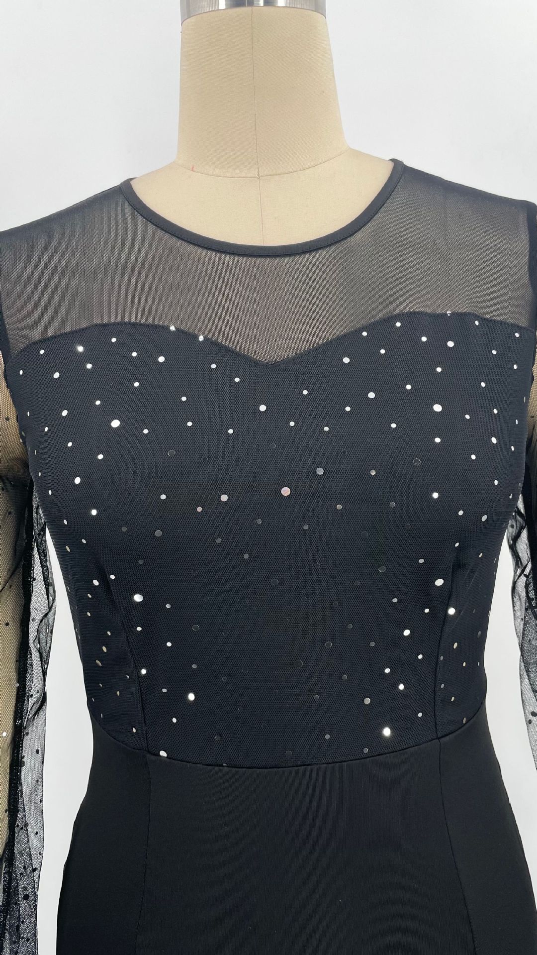 Women's Clothing elegant dress solid color mesh sequin stitching high waist long slim evening dress_voghion.com