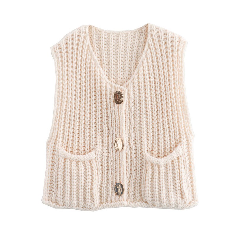 Foreign Trade European and American Amazon Metal Buckle Red Vest 2025 Spring and Autumn Women's Pocket Sleeveless Short Knitted Cardigan Foreign Trade European and American Amazon Metal Buckle Red Vest 2025 Spring and Autumn Women's Pocket Sleeveless Short Knitted Cardigan