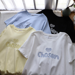 [Bizheng] 2025 夏の新韓国スタイルラウンドネックラブレタービーズルーズカジュアル Tシャツ女性のための 3906