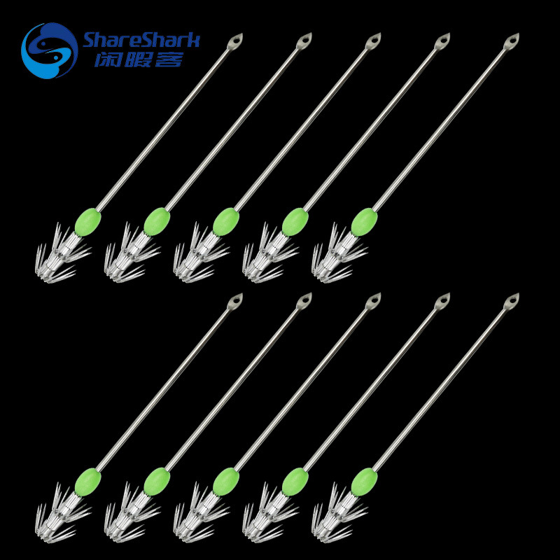 Gancho de calamar de acero inoxidable Gancho de cebo vivo luminoso Soplador de pulpo Gancho de pez de tinta Gancho de paraguas de calamar de doble capa de mango largo de 28 agujas