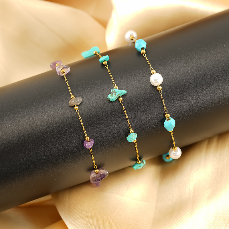Cross-border titanium steel glass beads pearl bracelet sweet crystal natural stone color jewelry personality high-grade stainless steel_voghion.com