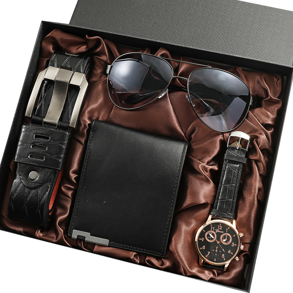 Reloj de los hombres traje de regalo de negocios Regalo de Cumpleaños de vacaciones billetera cinturón reloj gafas de sol traje 4 unids/set