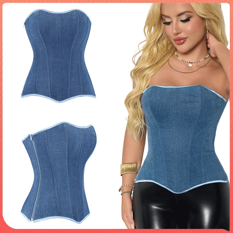 Source Factory Summer In-Stock Light Blue Denim Strapless Fishbone Corset Women's Waist-Cinching Outerwear Corset Top Wholesale