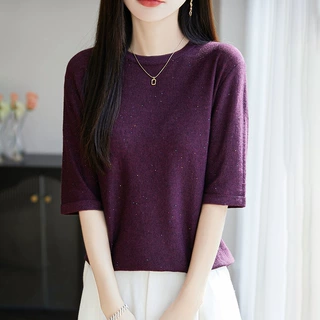 细水溶羊毛圆领针织衫短袖T恤女2025年夏季新款亮片纯色打底衫