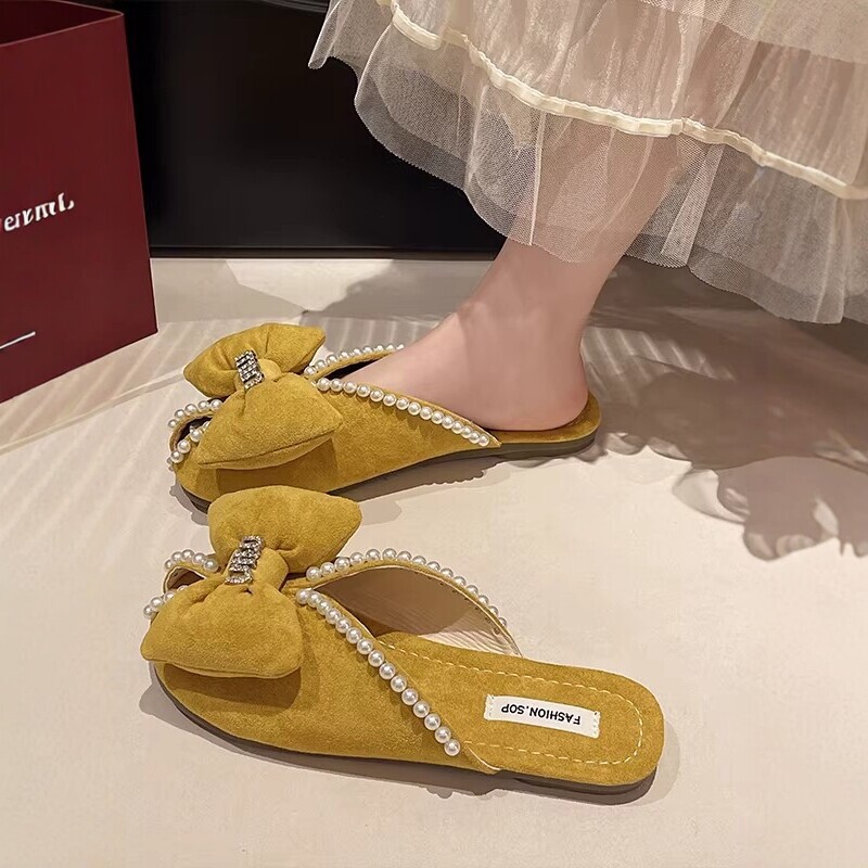French-Style Bowknot Pearl Toe-Toe Slippers for Women, Summer Outdoor Wear, Flat Soft-Soled Slide Slippers, Internet Celebrity Sweet Style