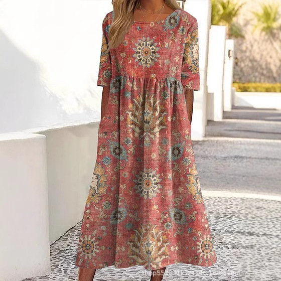 Women's Crew Neck Short Sleeve Midi Length Ethnic Style Dress Print Summer Women_ecoleips.com