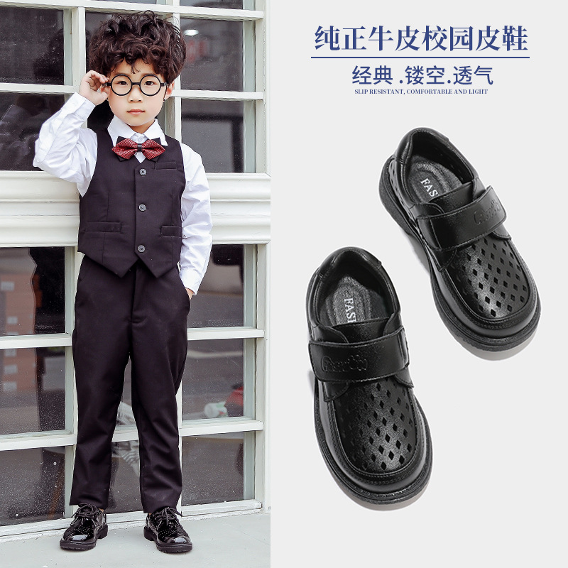 Boys' Leather Shoes 2026 Summer Children's Black British Style Soft-Soled Shoes for Primary School Students Breathable Genuine Leather Performance Shoes