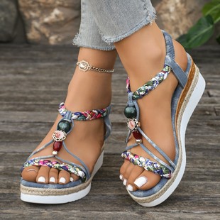 Cross-Border Large Size Wedge Sandals for Women 2025 New Fashion Beaded Thick-Soled Elastic Band Casual Roman Sandals for Women