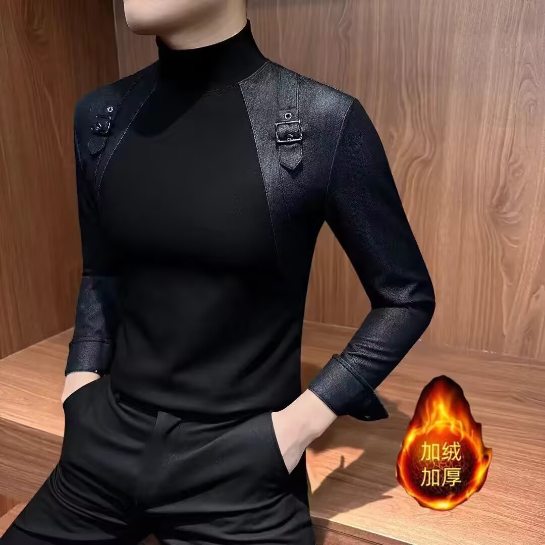 New high-end long-sleeved T-shirt for men, light luxury slim fit men's clothing top, high-end casual black base shirt