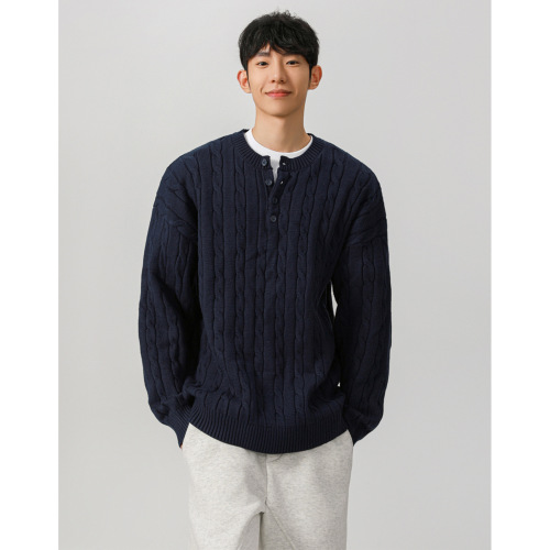 Henry Long-Sleeve Knit Sweater Men's Cable Knit Spring and Autumn Base Shirt Outerwear Casual Business Foreign Trade Cross-Border Wholesale