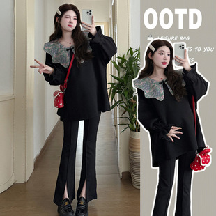 Pregnant Women Fall/Winter suit 2024 New Fashion Heavy Industry Doll Collar Age-reducing Loose Thickened Top Slim Pants