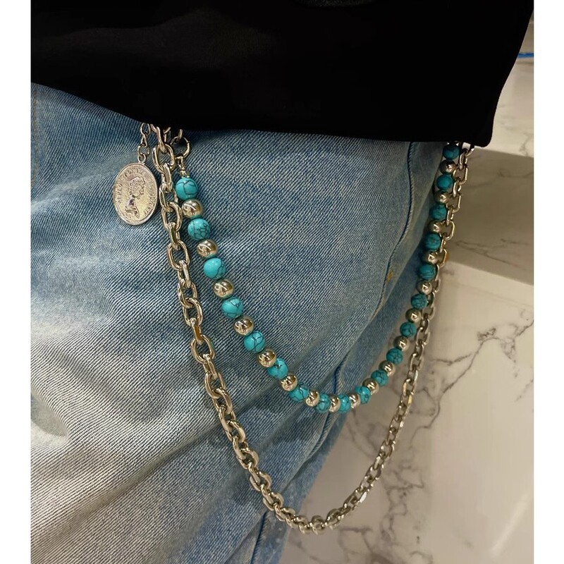 Blue Black Handmade Beaded Denim Pants Chain Retro Street Hanging Chain Single Side Detachable Diy Accessories Chain