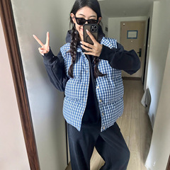 韩系复古蓝色格子立领无袖百搭棉服马甲背心女秋冬季加厚棉衣外套
