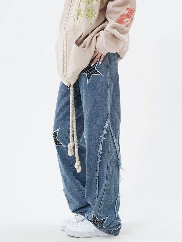 High Street Flared Ripped Light Blue Jeans Couple Loose Patchwork Casual Pants Men Hip Hop 2025 Trend_viptrois.com