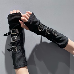 Wasteland Style Fashion Dopamine Black Yabi Sleeves Women's Half Fingerless Gloves Metal Buckle Dark Punk Ins