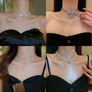 Korean Style ins Elegant Diamond-encrusted Pearl Bow Necklace Fashion Design Clavicle Chain Pendant Personalized Necklace for Women