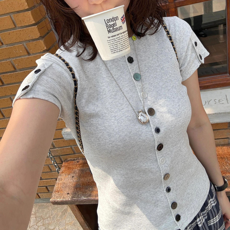 25 Summer Capsule Series Designer Colorful Button Cardigan T-Shirt Slim Fit Stretch Thread Short Sleeve Cotton Top for Women