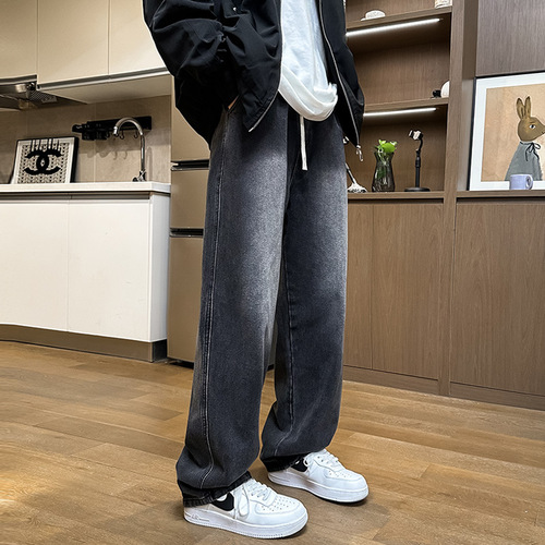 Men's Summer Gradient Denim Straight-Leg Wide Leg Retro Washed Relaxed Tapered Waistband Looser Straight Jeans