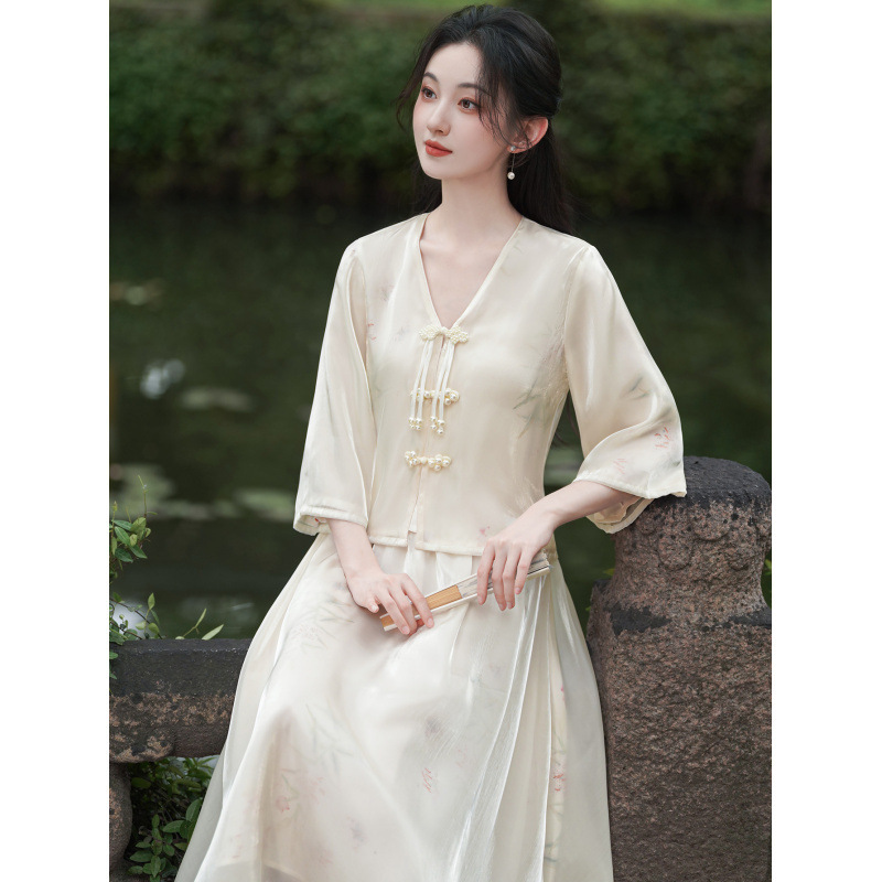 Real Shot of New Chinese-Style Ink-Printed National Style Young-Style Improved Hanfu Set, Zen Tea Art Clothing, Summer Edition Real Shot of New Chinese-Style Ink-Printed National Style Young-Style Improved Hanfu Set, Zen Tea Art Clothing, Summer Edition