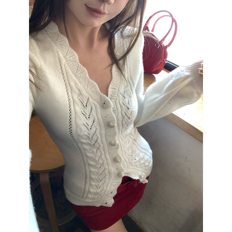 ffcheer 初雪夕暮/织风私语 V领毛针织开衫女修身显瘦外搭衣秋|undefined