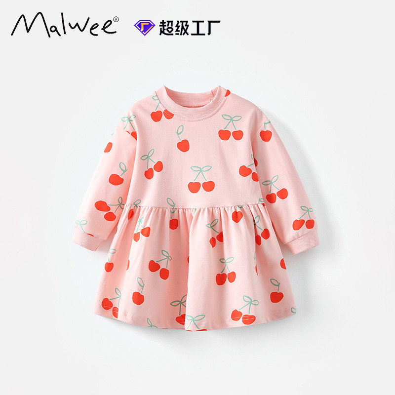 Cross-border malwee niñas suéter vestido otoño y invierno nuevo estilo europeo y americano niño de cuello redondo vestido de impresión encantador