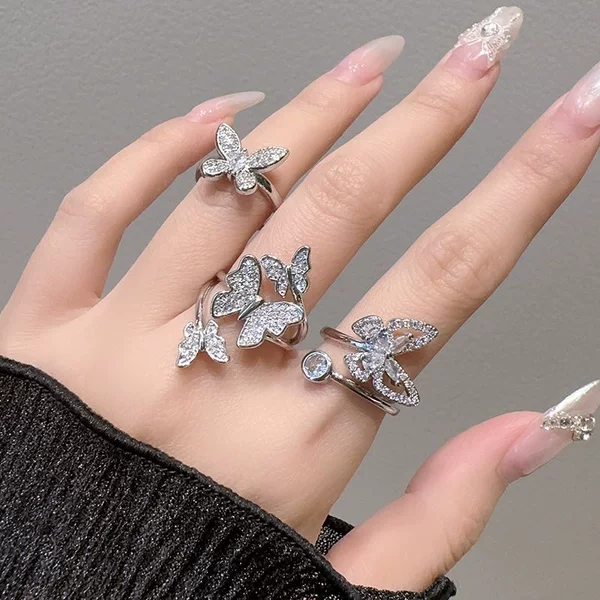 Korean-style Elegant Full Diamond Exquisite Butterfly Opening Ring Adjustable Stacked High-end Niche Design Index Finger Ring
