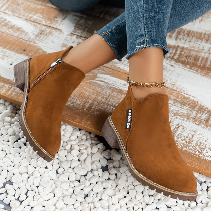 Neue Herbst/Winter-Stiefeletten für Damen im Vintage-Stil mit kurzem Bein, dickem Absatz und flachen Reißverschlüssen an der Seite_voghion.com