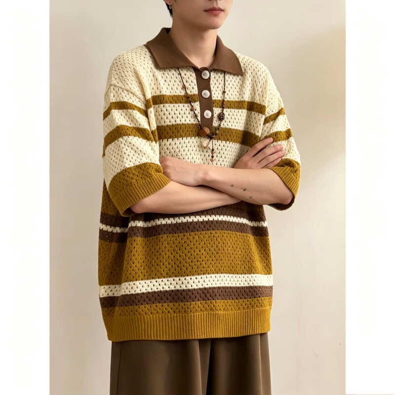 Hollow-Out Mesh Knit Sweater for Men, Striped Turn-Down Collar Youth Polo Shirt, Casual and Lazy Style Couple's Top