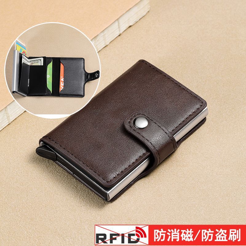 2024 nuevo cepillo antirrobo RFID titular de la tarjeta de cuero de aluminio automático pop-up titular de la tarjeta billetera de dos en uno de almacenamiento