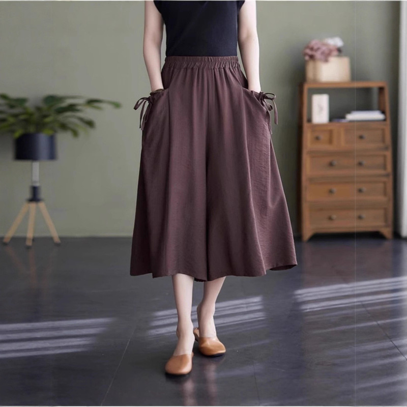 Ice Silk Zou Summer New Loose plus size Solid Color Elastic Waist Skirt Pants Casual Capri Pants