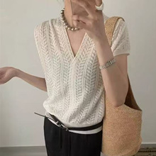 V领提花天丝短袖T恤衫女夏季薄款纯色莱赛尔针织衫上衣跨境女装