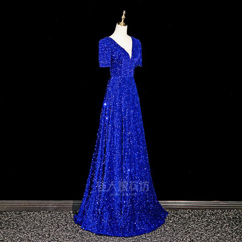 Banquet evening dress long bridal toast performance choir host sapphire blue high-end dignified atmosphere