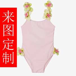 国货国产儿童女童哑光有光粉色玫红花连体泳衣实体泳装GYM衣工厂