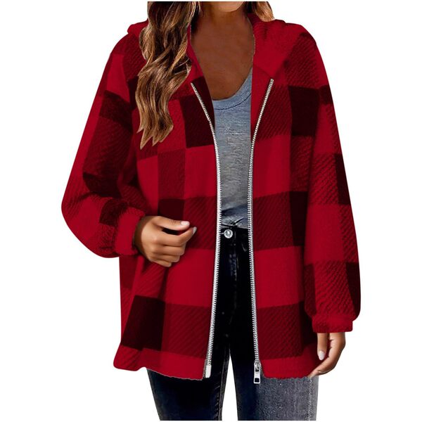 Amazon 2025 New Autumn and Winter Elegant Plaid Loose Casual Long-Sleeved Hooded Fur Cardigan Zipper Jacket